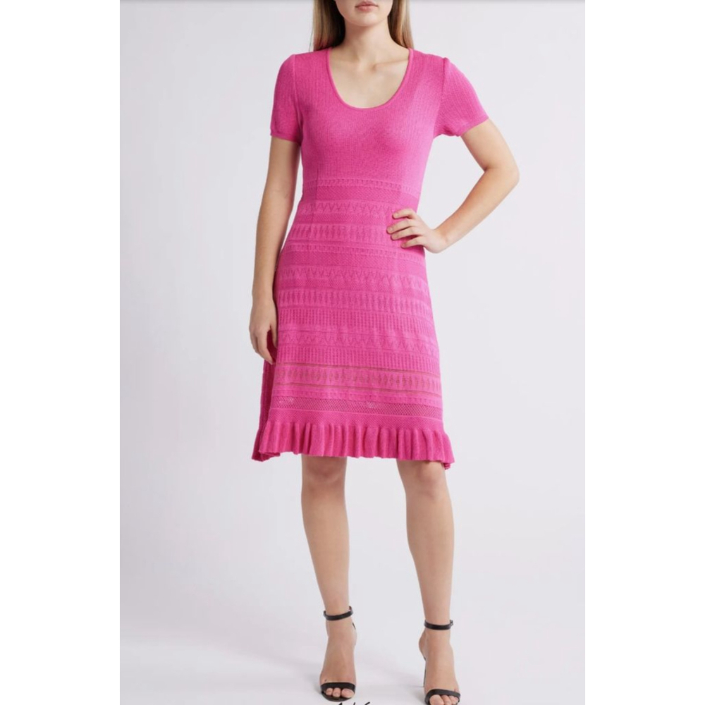 MING WANG Mixed Stitch Pink Knit Ruffle Hem Short Sleeve Sweater Dress L